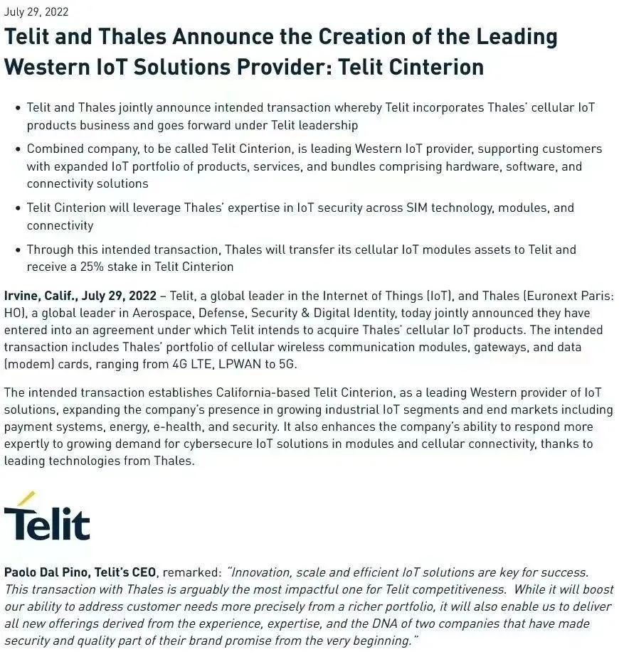 Telit to acquire Thales' IoT unit for 25% of expanded, rebranded industrial  IoT business