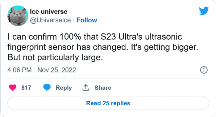 据称三星Galaxy S23 Ultra配备更大的超声波指纹传感器